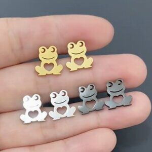 Stainless Steel Happy Frog Stud Earrings In Silver, Gold, or Black